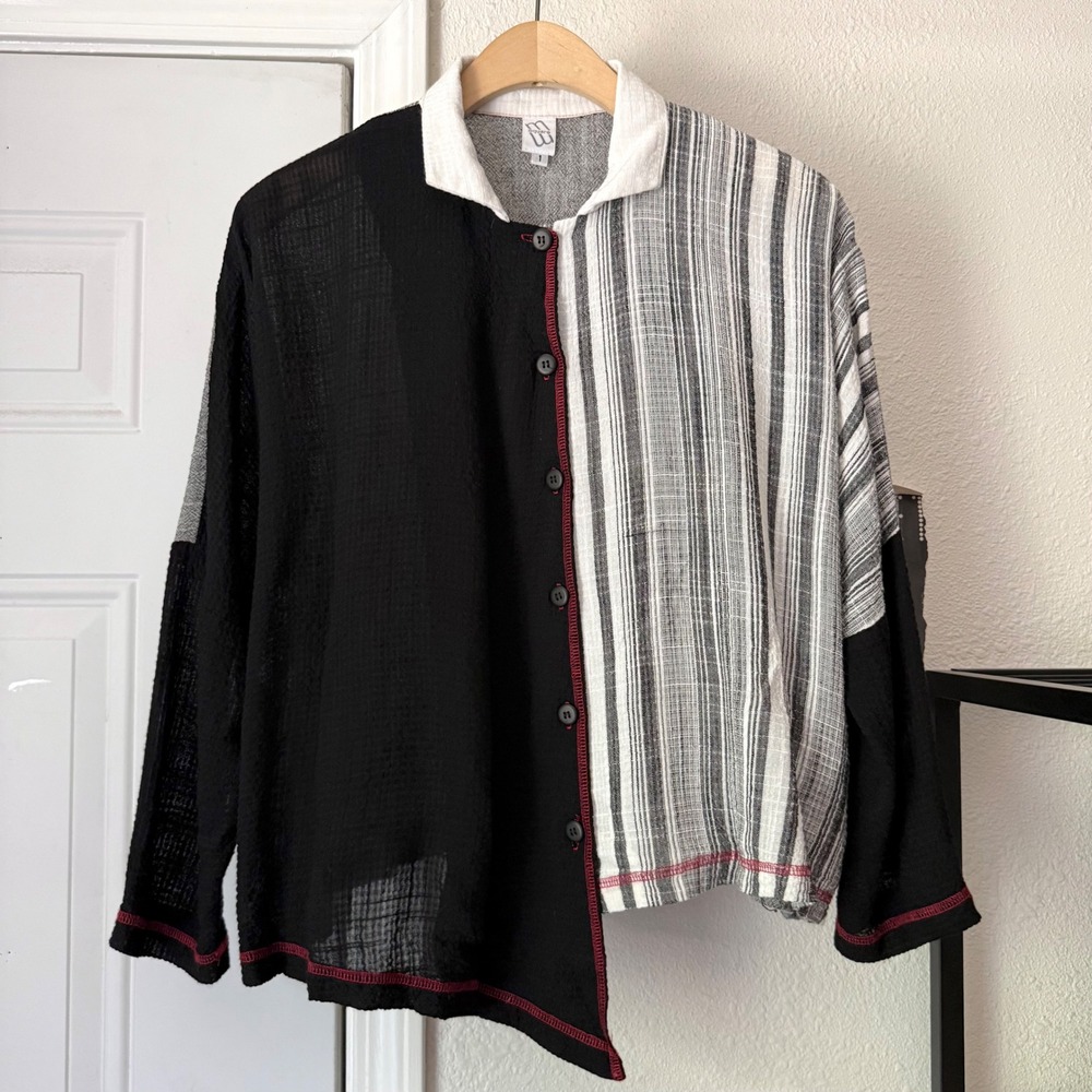 M SQUARE rayon linen striped lagenlook color block asymmetrical button up shirt